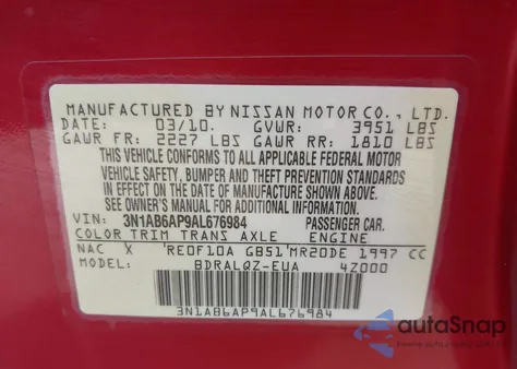 2010 Nissan Sentra 2.0 z USA, uszkodzony, nr VIN 3N1AB6AP9AL676984